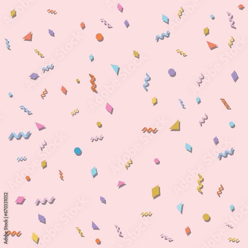 Pastel falling confetti on pink background. Carnival geometric pattern vector illustration. 