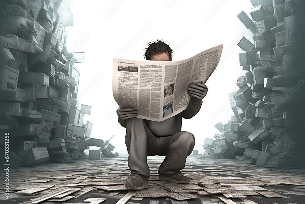 paper news read human 3d   three-dimensional humorous abstract people human character white grey news newspaper paper read write aware wisdom clever page manager finance article story - obrazy, fototapety, plakaty 