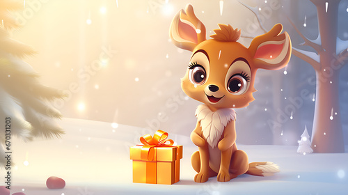 An Adorable Christmas Surprise Holiday Joy Smooth-Skinned Baby Deer with Christmas Presents Cute Little Baby Deer on a Christmas Background generative ai