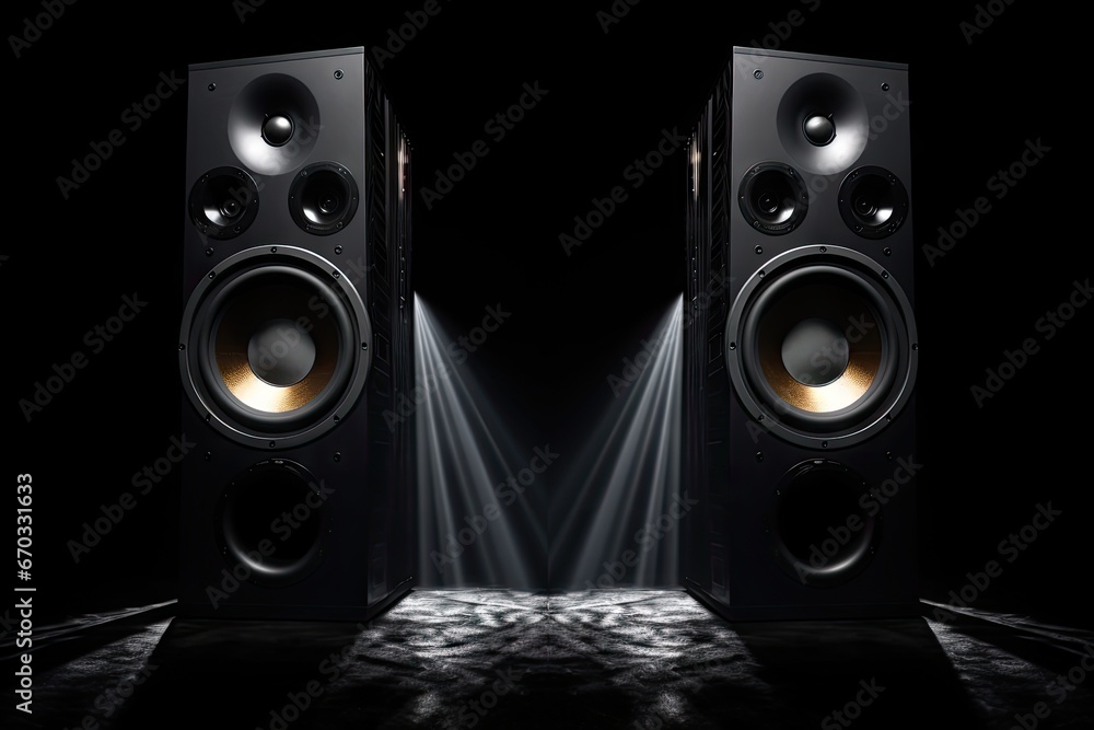 background black space free speakers sound two studio speaker equipment wave audio stereo music technology bass rock volume closeup close up box loudspeaker concert concept - obrazy, fototapety, plakaty 