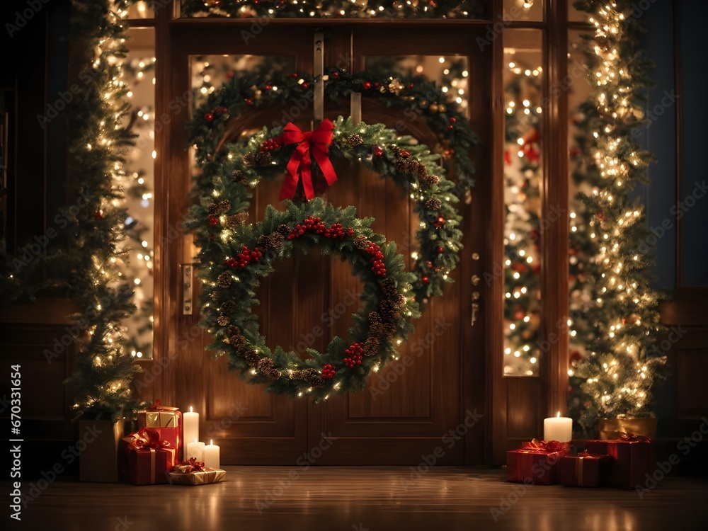 Christmas wreath on the door. Christmas and New Year background.