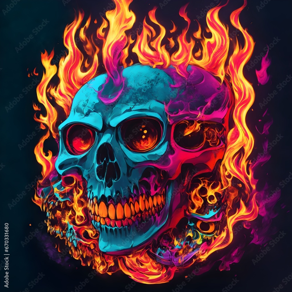 Skull with fire flames and neon light on black background. Halloween 