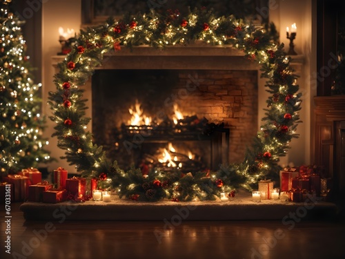 Beautiful Christmas tree and fireplace on wooden floor in cozy living room