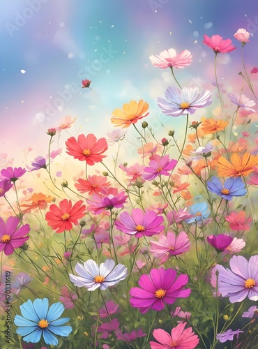Cosmos flowers in the meadow with sun rays and lens flare © nuiiko