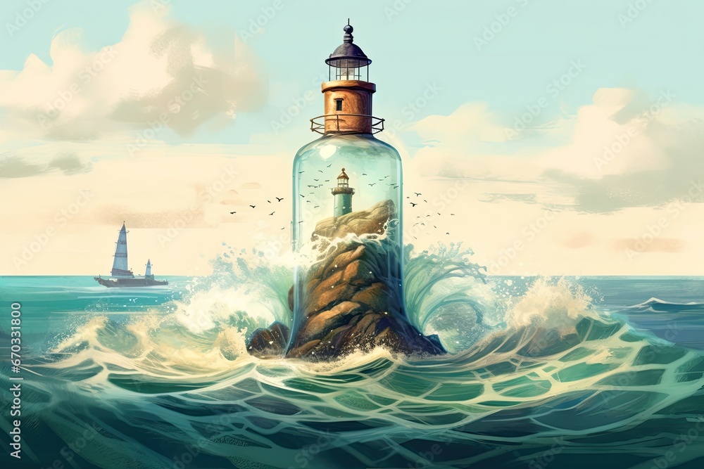 An Evocative Illustration of a Bottle Floating in the Turbulent Sea Carrying