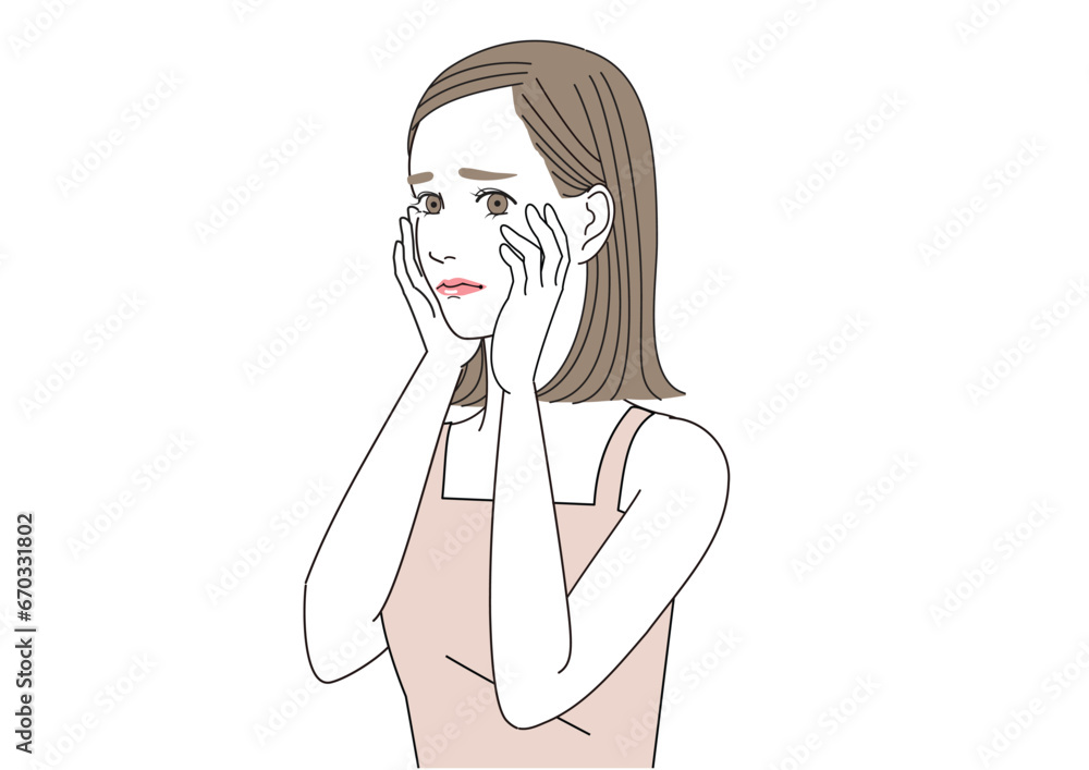 ほっぺたに手をあてて困った表情でこちらを見ている女性 ほっぺたに手をあてて困った表情でこちらを見ている女性