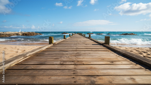 A boardwalk leads to the beach with a wooden