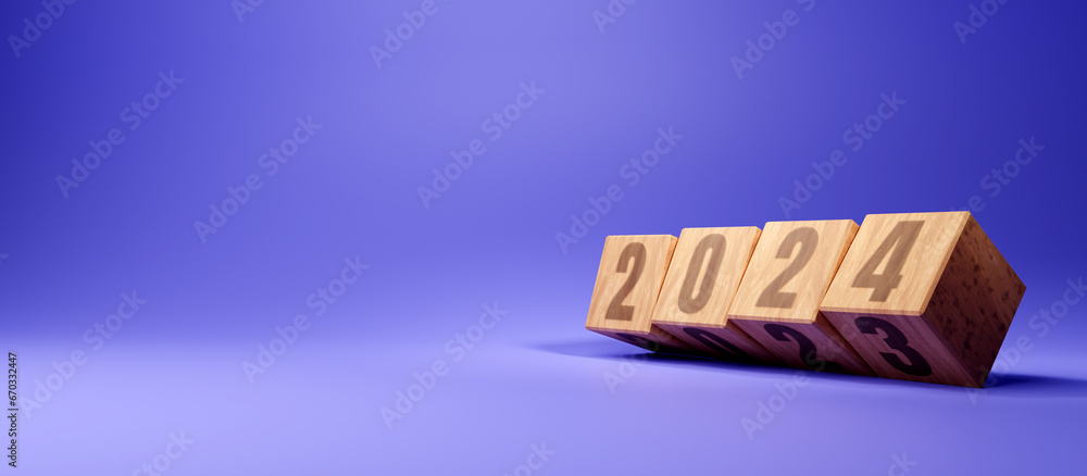 Happy new year 2024 background. Wooden blocks and empty space on blue background
