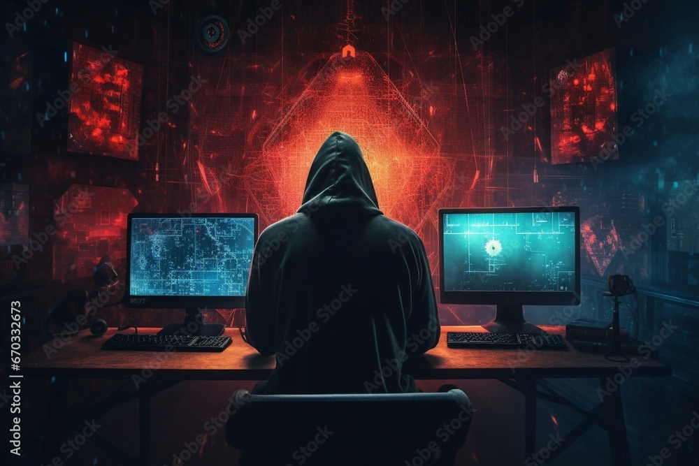 Obraz na płótnie Mysterious hacker wearing a dark hooded sweatshirt sitting in front of computer monitors, attempting to hack into a highly protected company - generative AI w salonie