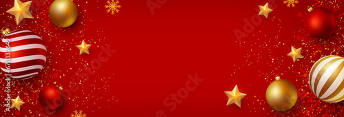 Christmas background. Christmas banner design with christmas balls, stars decoration. Holiday red  background template. Vector illustration