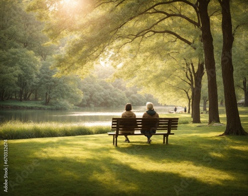 People talking on a bench in a park