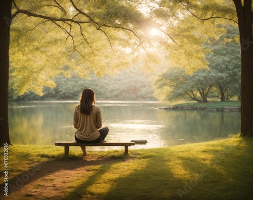 Woman meditating on a bench in a park © Cristian