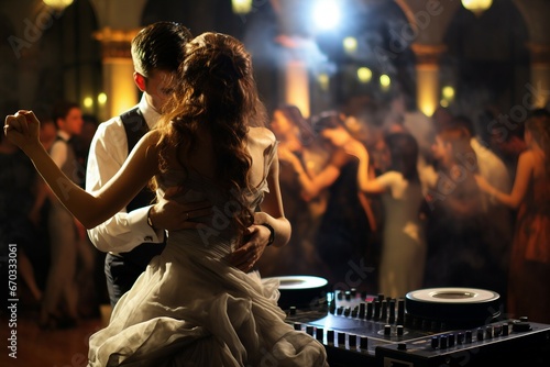 celebration wedding party couples dancing dj mixer background music reception event happy white woman marriage groom blur beauty people band male love photo