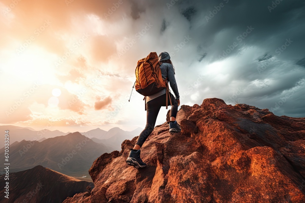 concept destination travel scovery top mountain rise backpack woman young peak mountain sunrise hiking hiker woman success   woman mountain trekking canyon destination hill hiking hiker - obrazy, fototapety, plakaty 