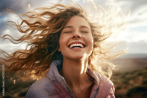 woman carefree mountain standing day windy hair flying covered partially face woman smiling young portrait woman flying carefree face freedom laughing hair beautiful breeze wind air