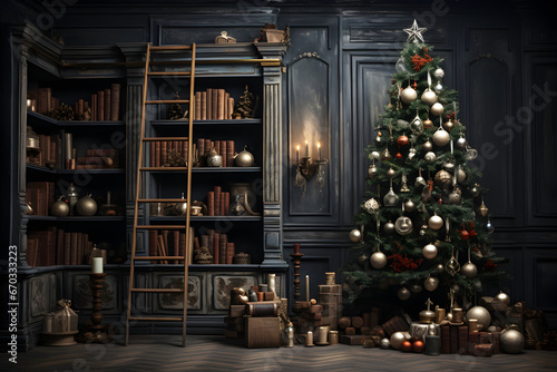 New Year Christmas interior with Christmas tree and festive decorations generated AI