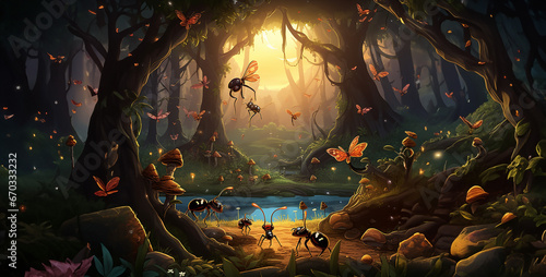 light in the forest, a magical forest scene populated with winsom cartoon