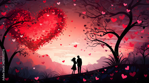 valentines day background - silhouette of couple in love among trees with hearts as leaves. Neural network generated image. Not based on any actual scene or pattern.