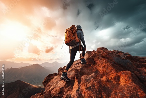 concept destination travel scovery top mountain rise backpack woman young peak mountain sunrise hiking hiker woman success   woman mountain trekking canyon destination hill hiking hiker photo