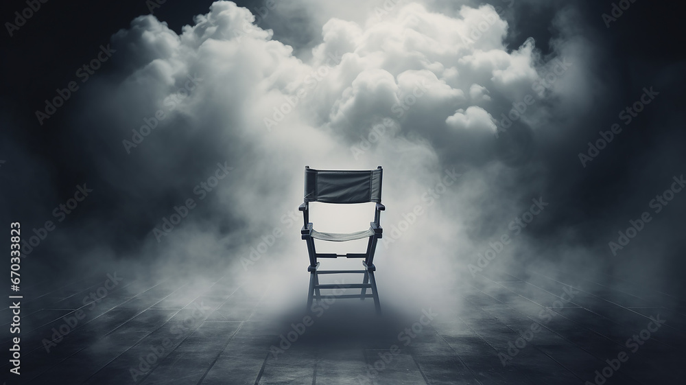 director's place, a lonely chair in the stage smoke on a dark background, the concept of cinema, management, loneliness