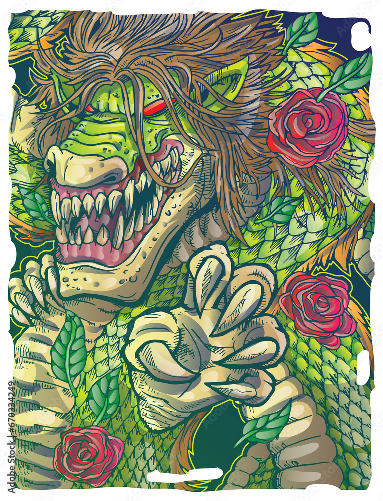 Aggressive wild demon beast head in colorful style illustration