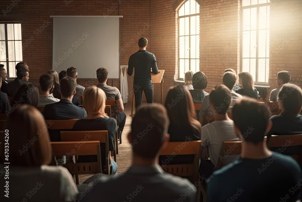 Fototapeta premium education training event conference scientific audience participants unrecognized view rear hall conference audience workshop university hall presentation giving speaker male university