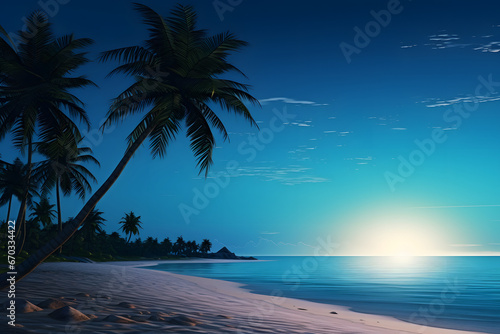 tropical beach view with white sand, turquoise water and palm trees at sunrise. Neural network generated image. Not based on any actual scene or pattern.