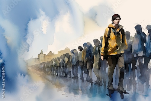 watercolor concept refugees ukraine peace war stop emigrant migration people store banner background crowd europa group crisis silhouette