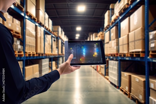 background warehouse blurred tablet holding hands worker system management smart distribution retail datum scanner business computer industry laptop mobile barcode container electronic photo
