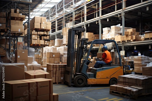 warehouse Busy pallet working tied-up distribution truck motion shelf factory industry activity indoor box cardboard business merchandise industrial forklift transportation storage plant stock photo