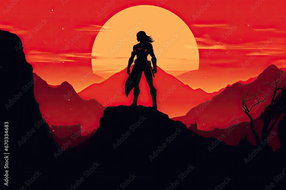Female Superhero Silhouette Standing Tall on the Peak