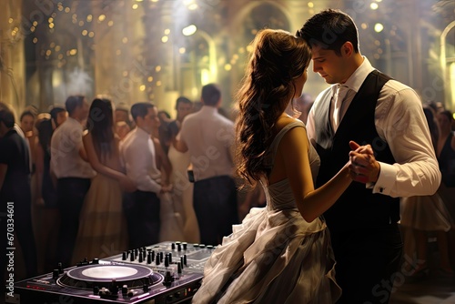 celebration wedding party couples dancing dj gig microphone background music reception event happy white woman marriage groom blur beauty people band male photo