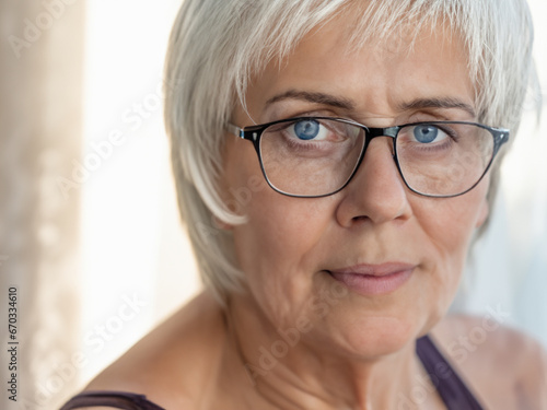 donna matura capelli bianchi occhi azzurri con occhiali da vista, 