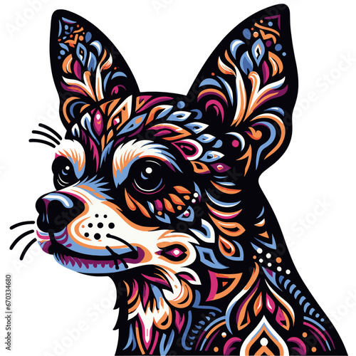 chihuahua huichol style, ornaments and arabesque colorful decoration, decoration ornaments and arabesque, tribal, ethnic