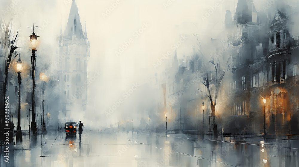 Obraz premium autumn watercolor light gray background, street lamp on a blurry background copy space blank greeting form