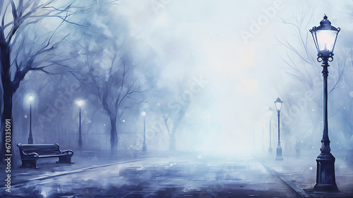autumn watercolor light gray background, street lamp on a blurry background copy  space blank greeting form