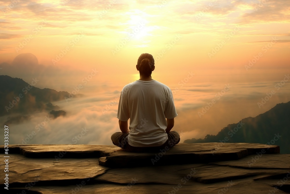 meditatiion sunrise man  yoga man guy male people relax flag view mountain hill relaxation meditate meditation to sit sitting spiritual sport activity india indian asia asian subcontinent - obrazy, fototapety, plakaty 