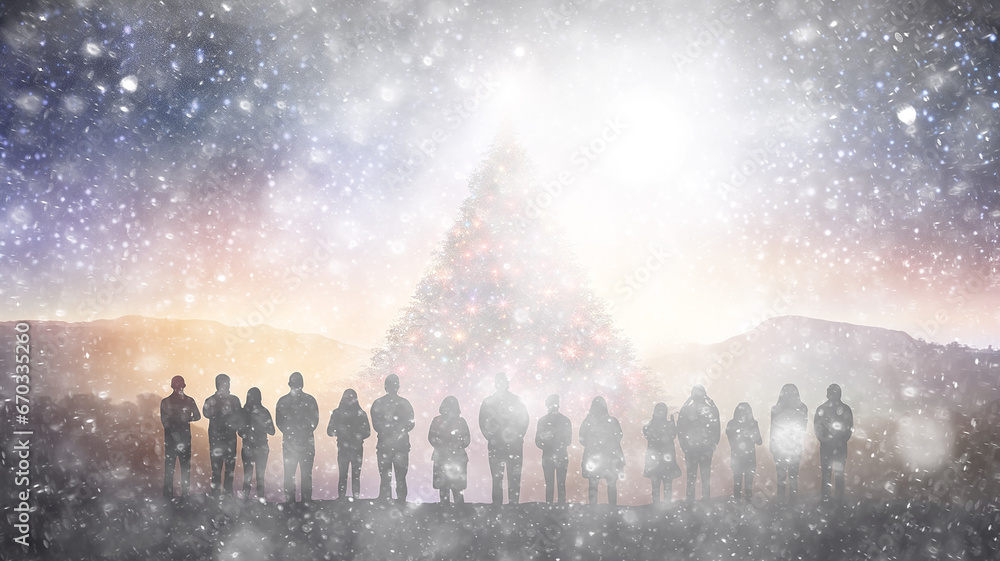 silhouettes of a group people in front of a decorated large Christmas tree on the square, new year holiday abstract background with snowfall