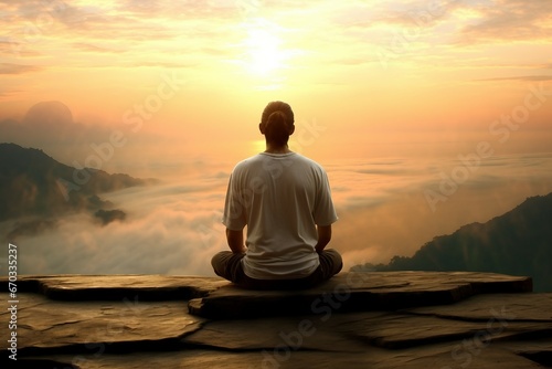 meditatiion sunrise man  yoga man guy male people relax flag view mountain hill relaxation meditate meditation to sit sitting spiritual sport activity india indian asia asian subcontinent photo