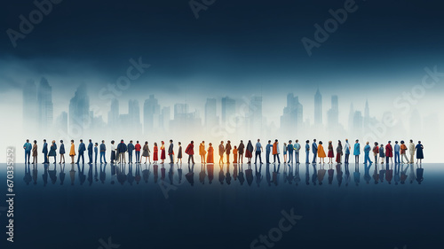 a number of silhouettes of people, a line of society isolated against the background of the urban city symbol