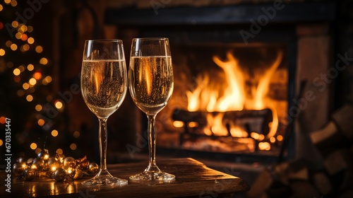 glasses of champagne on a table with fireplace on background.