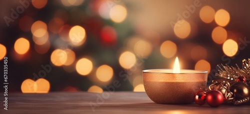 Christmas candle with blurred ornament on background