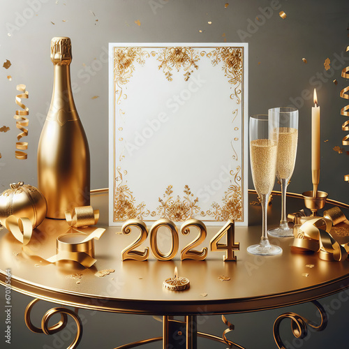 Beautiful table set-up of a golden champagne bottle and 2024 extruded text