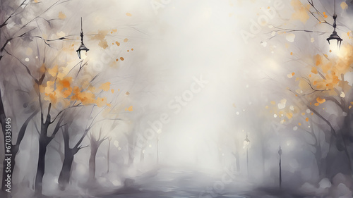 autumn watercolor light gray background, street lamp on a blurry background copy  space blank greeting form