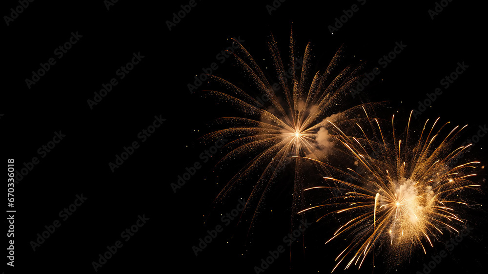 golden fireworks explosions on a black background frame festive fireworks in the dark