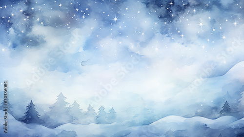 winter postcard blank form watercolor drawing, landscape in blue tones, covered with snow, snowfall in light blue tones abstract blurred background © kichigin19