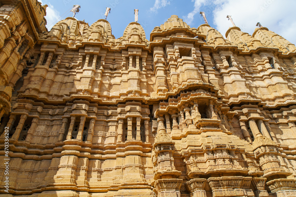 The castle is built of yellow sandstone. The streets are old and historic. Jaisalmer Fort (Sonar Quila or Golden Fort) is located in Rajasthan, India.