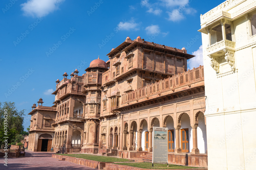 Blue sky and white clouds, exterior view of the castle. Junagarh Fort is located in Bikaner, Rajasthan, India
