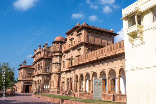 Blue sky and white clouds, exterior view of the castle. Junagarh Fort is located in Bikaner, Rajasthan, India © twabian