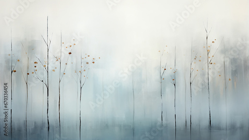 light white blue fog, a row of trees. watercolor abstract background late autumn, symbol landscape view cold light November, copy space blank blank